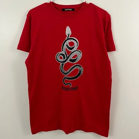 Roberto Cavalli Red Snake Graphic T-Shirt XL Designer Cotton Tee - Picture 1 of 6